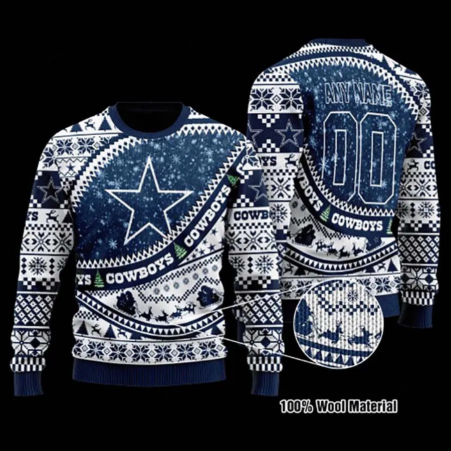 Custom Name Dallas Cowboys Ugly Christmas Sweater Zipper Effect Cowboys Ugly Sweater 1
