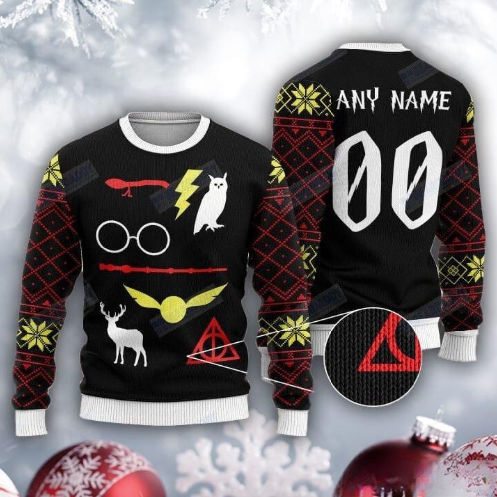Custom Name Owl Deathly Hallows Harry Potter Ugly Christmas Sweater 1