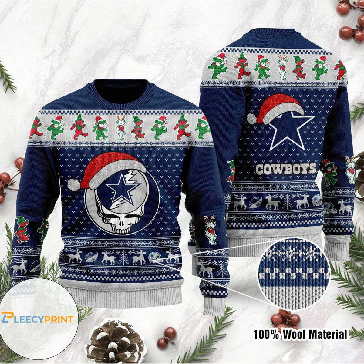 Dallas Cowboys Grateful Dead Bear Pattern Ugly Christmas Sweater Dallas Cowboys Ugly Christmas Sweater 1