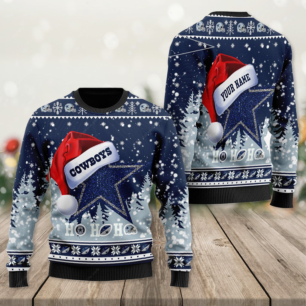 Dallas Cowboys Santa Hat Ho Ho Ho Personalized Ugly Christmas Sweater Cowboys Ugly Sweater 1