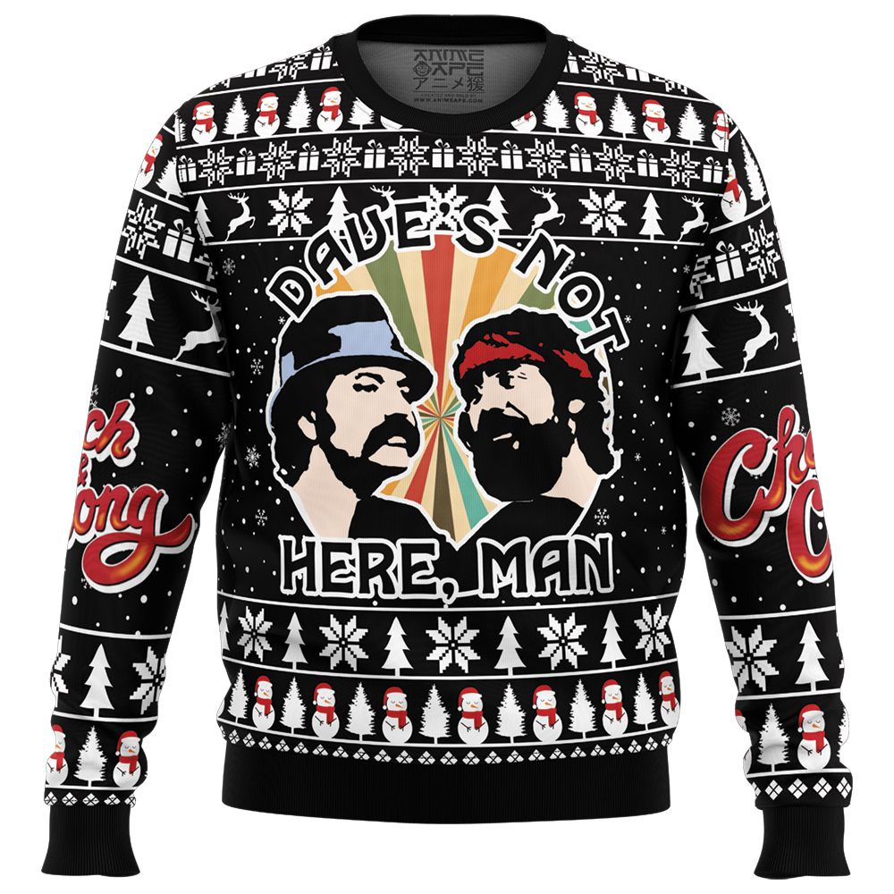 Daves Not Here Man Cheech and Chong Ugly Christmas Sweater FRONT mockup