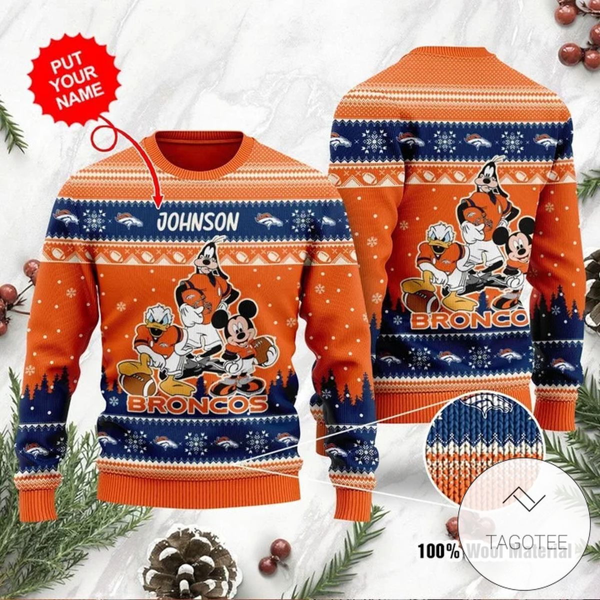 Denver Broncos Disney Donald Duck Mickey Mouse Goofy Personalized Ugly Christmas Sweater