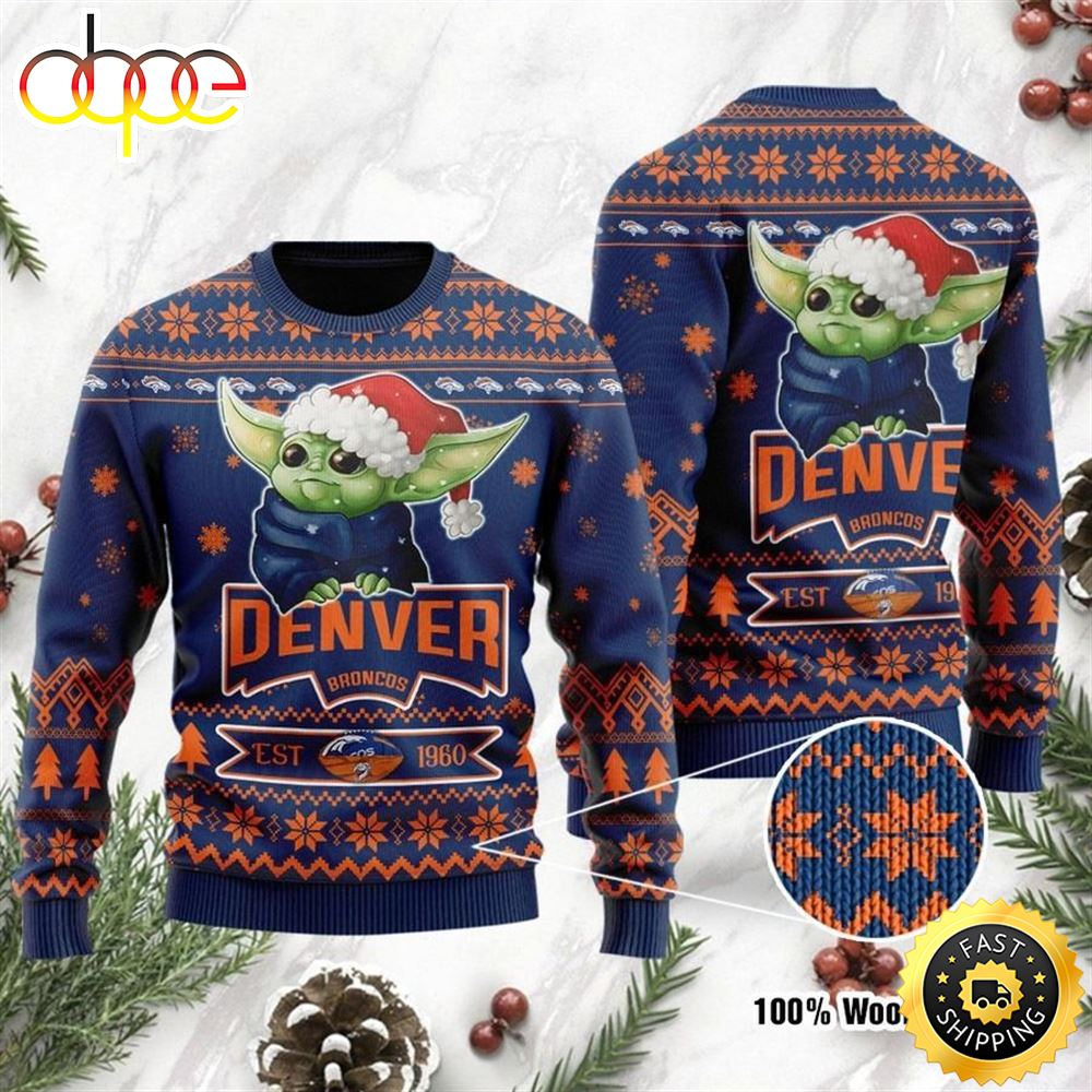 Denver Broncos Cute Baby Yoda Grogu Holiday Party Ugly Christmas Sweater yruv1i