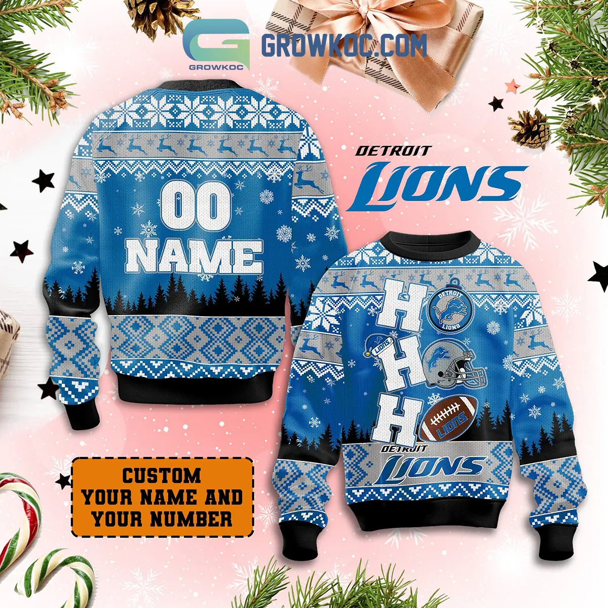 Detroit Lions Ho Ho Ho Personalized Christmas Ugly Sweater2B1 rqSyl