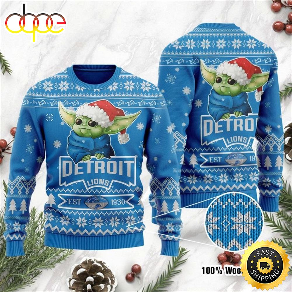 Detroit Lions Cute Baby Yoda Grogu Holiday Party Ugly Christmas Sweater nceese