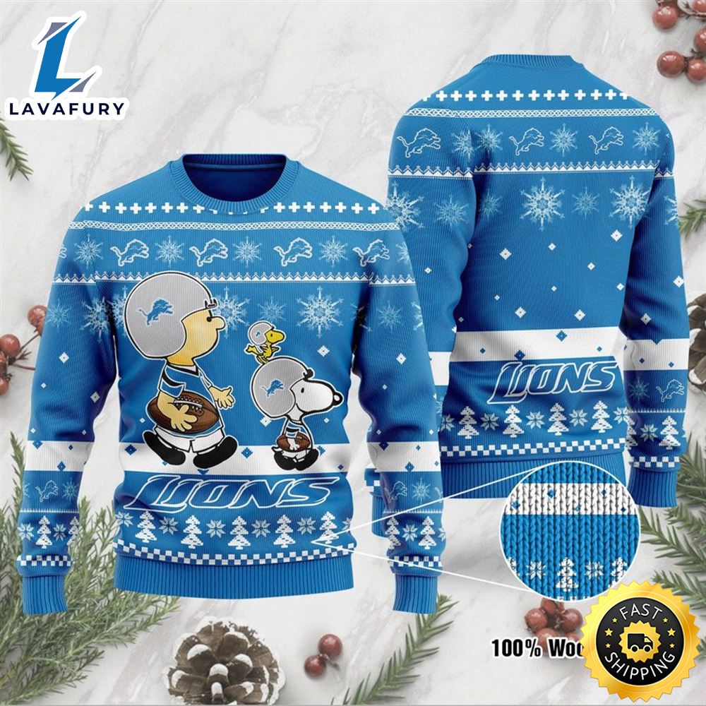 Detroit Lions Funny Charlie Brown Peanuts Snoopy Ugly Christmas Sweater xjdvov