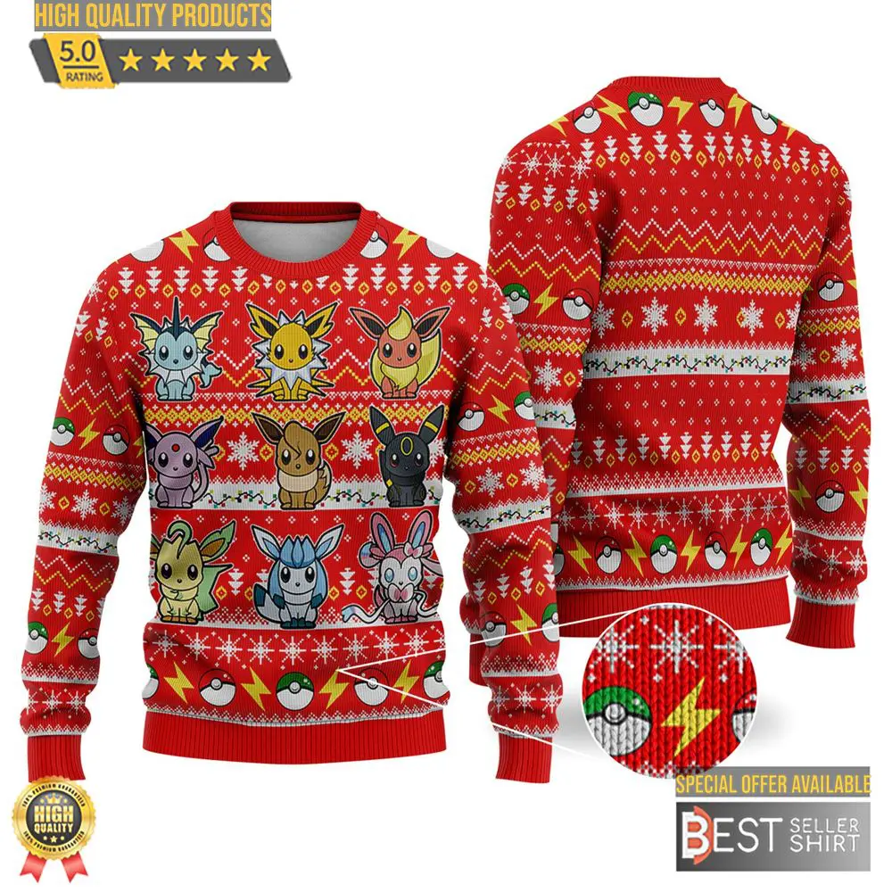 Eevee Pocket Pokemon Ugly Christmas Sweatshirt Evolution Of Eevee Anime Christmas Sweater Christmas Gifts 1