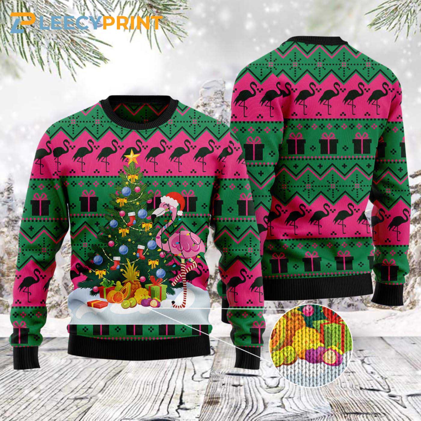 Flamingo Pine Tree Christmas Light Christmas Ugly Sweater 1