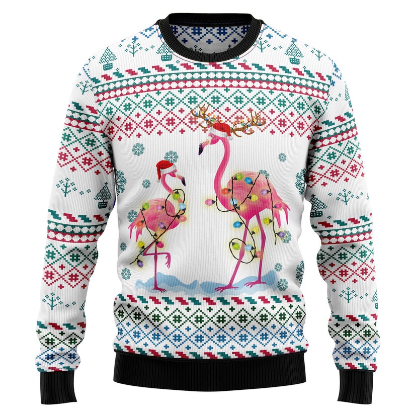 Flamingo Reunion Christmas Light White Ugly Christmas Sweater 1