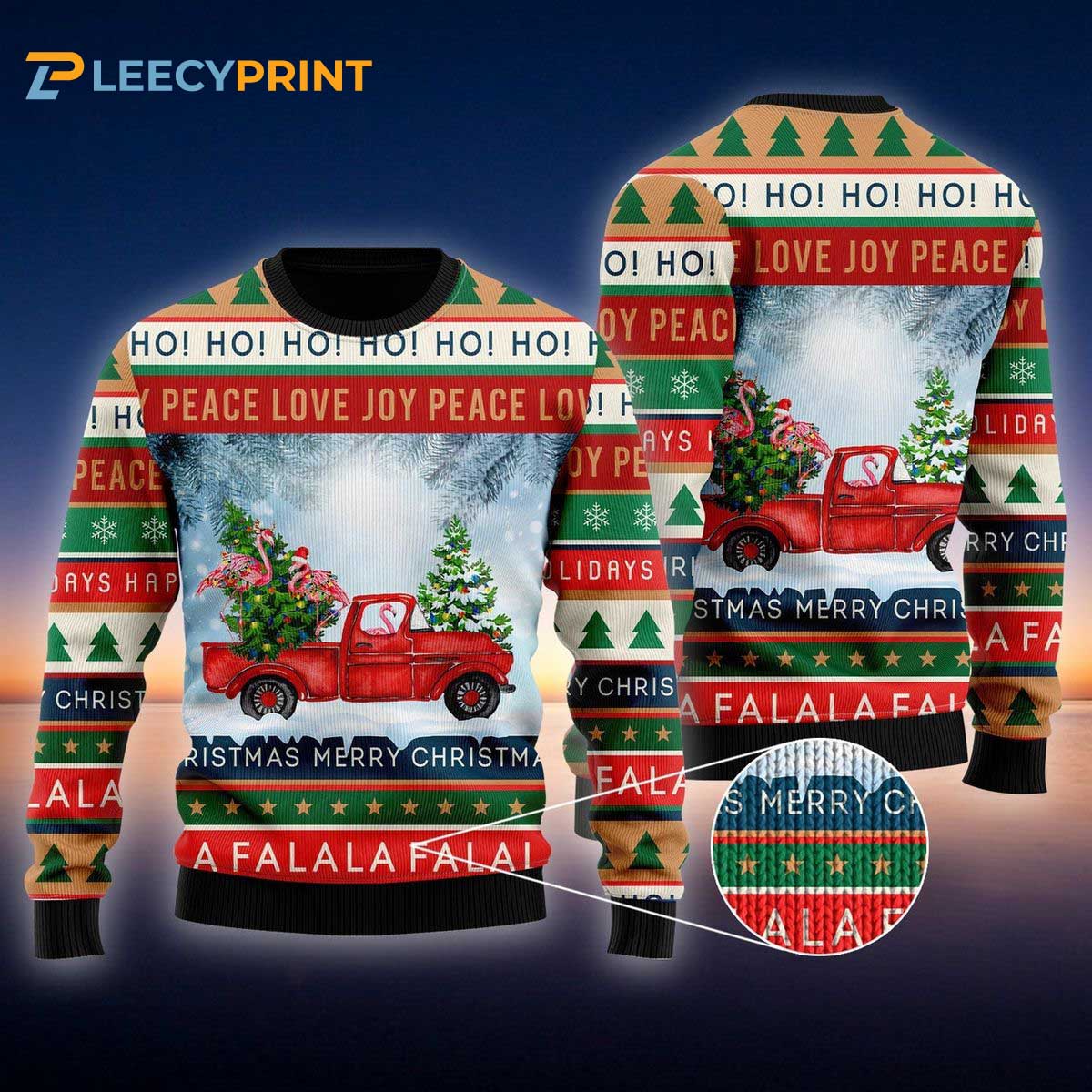 Flamingo With Red Truck Christmas Holiday Ugly Sweater 1