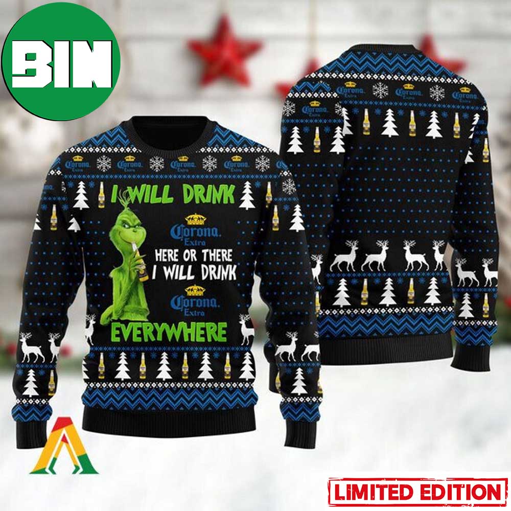 Grinch I Will Drink Corona Extra Everywhere Ugly Christmas Sweater 15222020 1