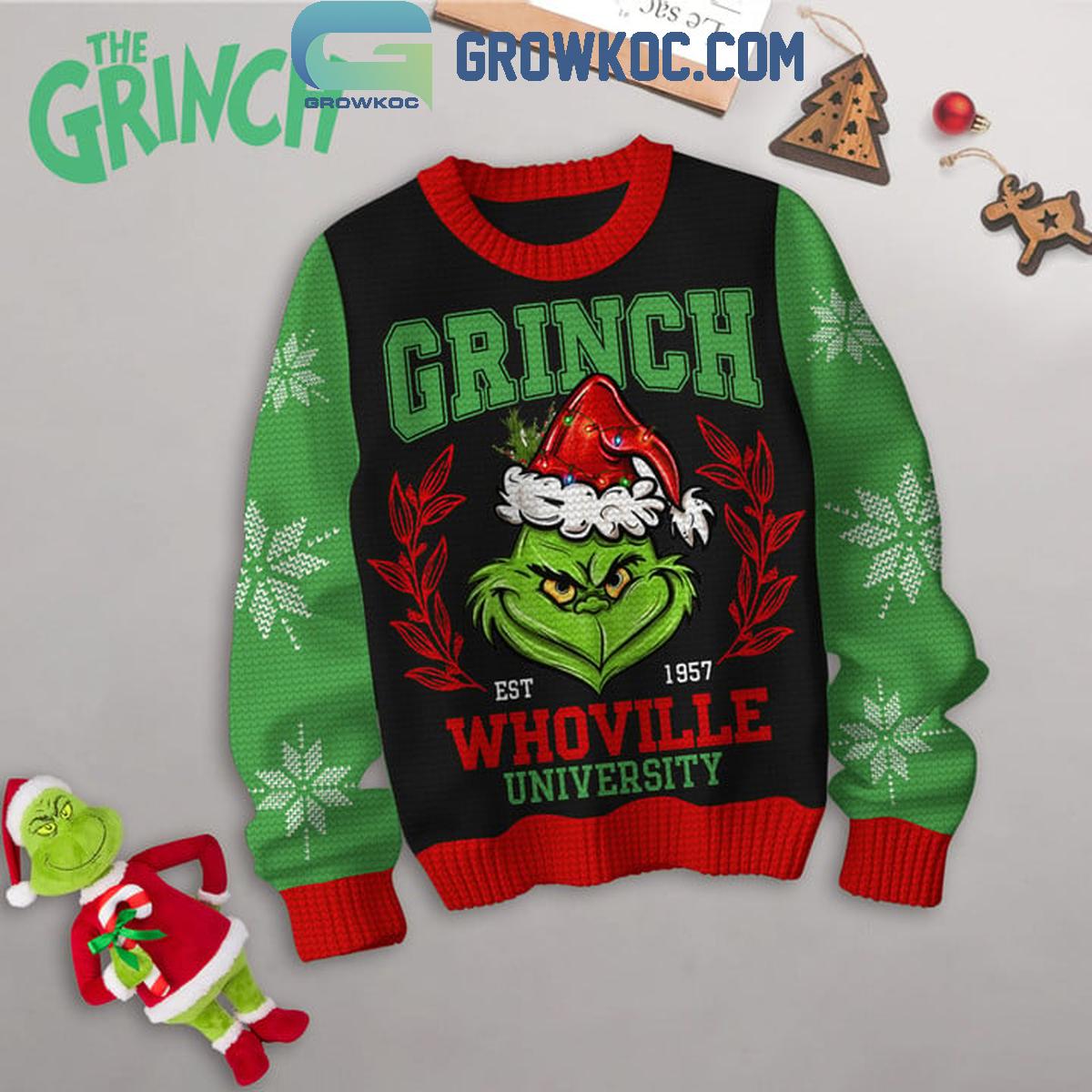 Grinch Whoville University Est. 1957 Christmas 2024 Black Design Ugly Sweater 1 she9L