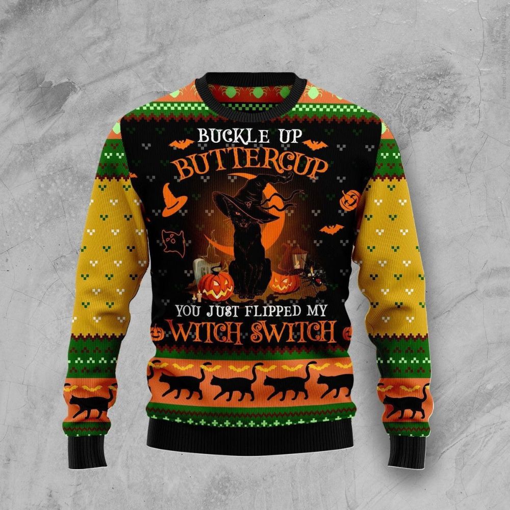 Halloween Buckle Up Butter Cup Black Cat Ugly Sweater 1