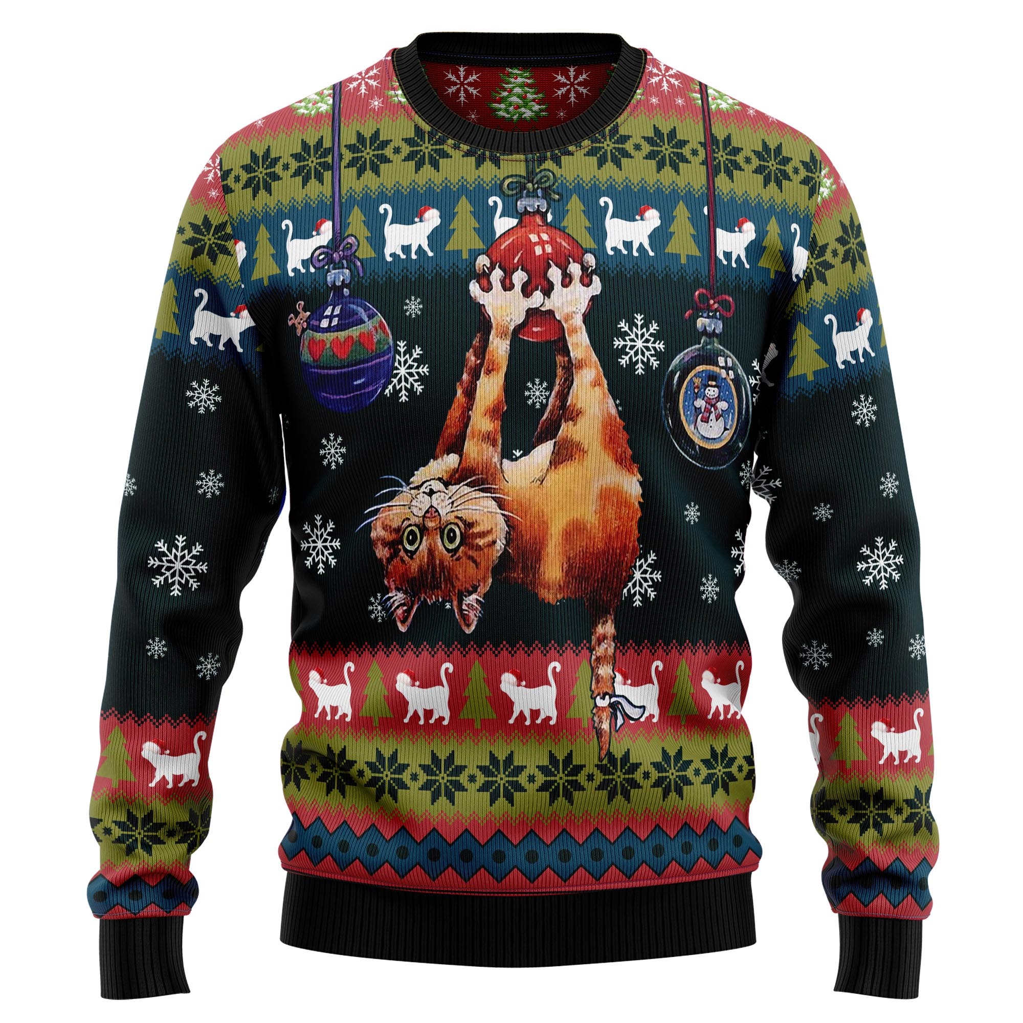 Hanging On Xmas Tree Cat Ugly Sweater 1