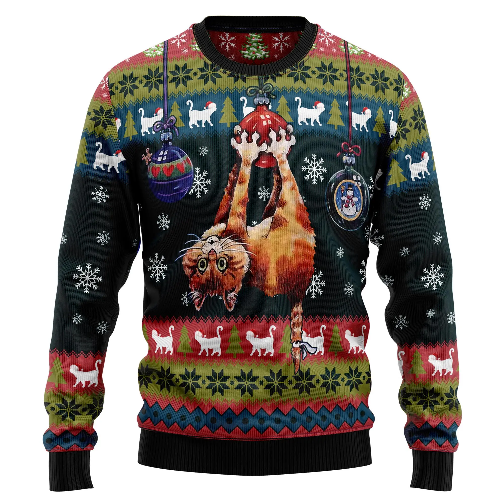 Hanging On Xmas Tree Cat Ugly Sweater 1
