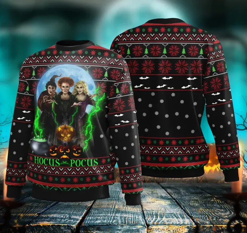 Hocus Pocus 3 Witches Magic Cauldron Pumkpin Halloween Ugly Sweater 1