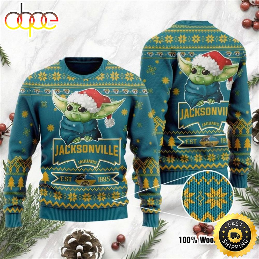 Jacksonville Jaguars Cute Baby Yoda Grogu Holiday Party Ugly Christmas Sweater jkokzg