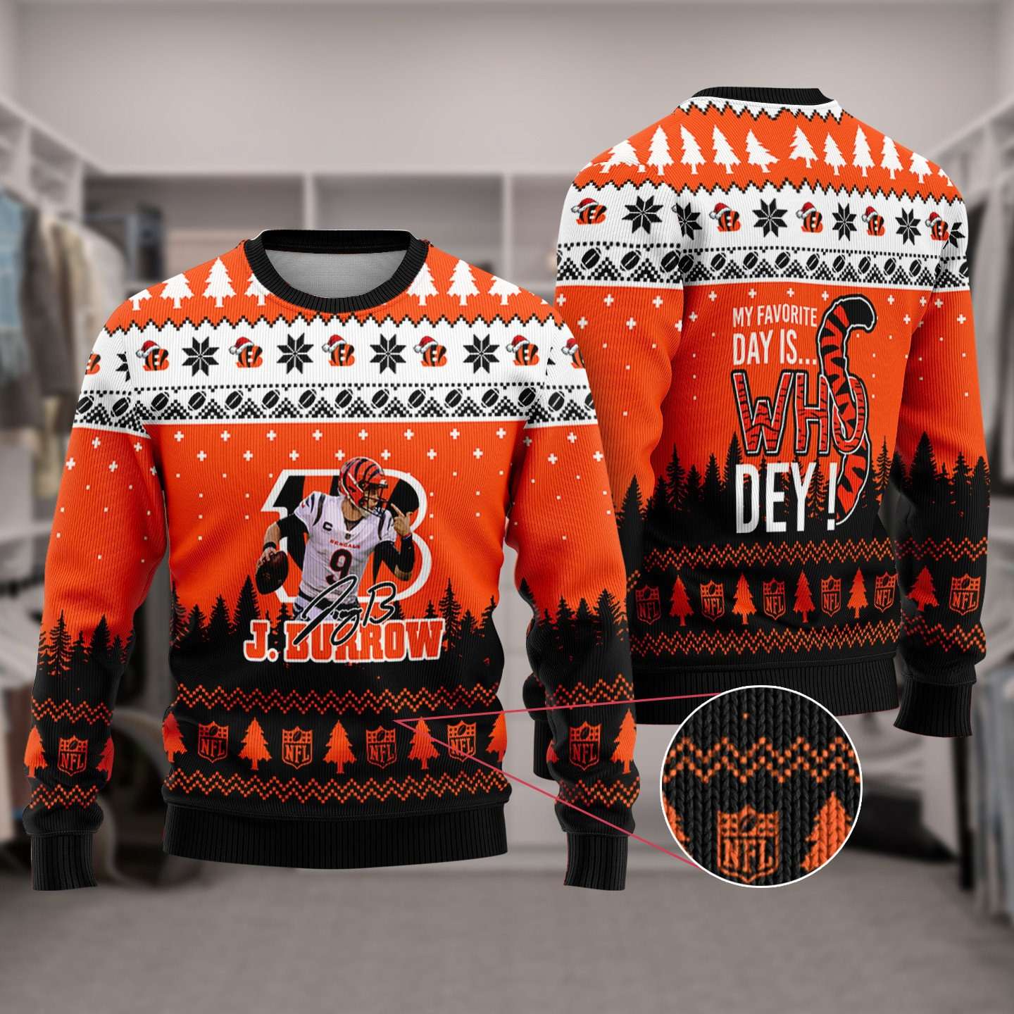 Joe Burrow 9 Super Bowl My Favorite Day Is Whoo Dey Christmas Sweater Cincinnati Bengals Ugly Sweater 1