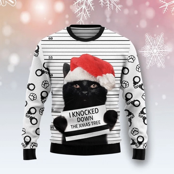 Knocked Down Black Cat Ugly Christmas Sweater 1