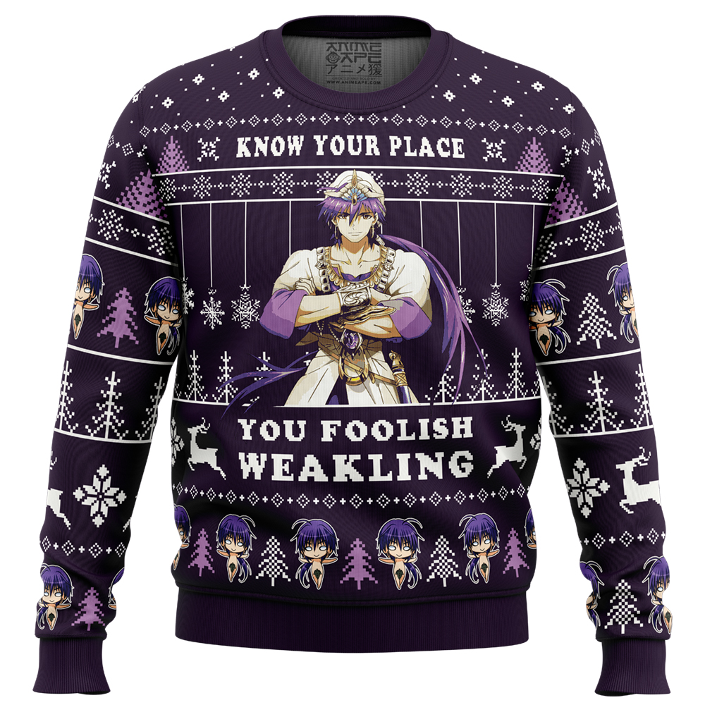 Know Your Place You Foolish Weakling Magi The Labyrinth of Magic Ugly Christmas Sweater FRONT mockup