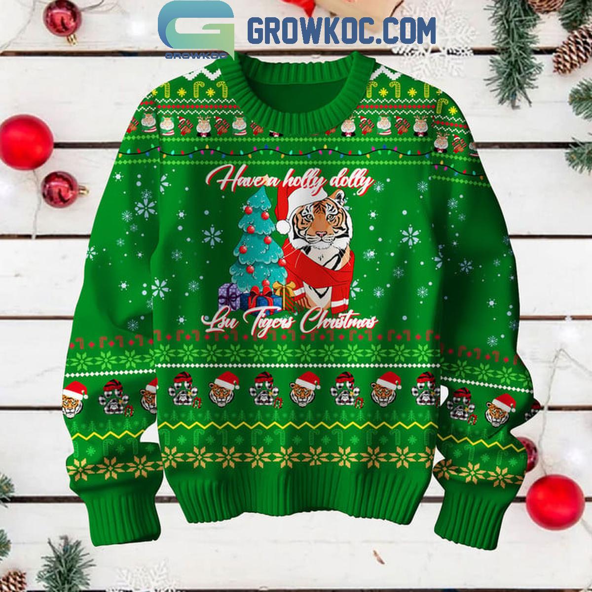 LSU Tigers Have A Holly Dolly Christmas Green Design Ugly Sweater 1 QYznM