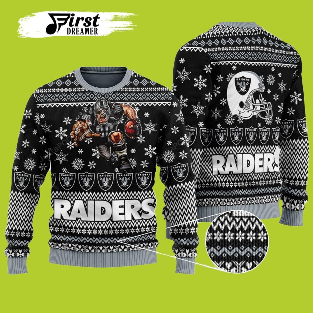 Las Vegas Raiders Player With Ball And Helmet Raiders Ugly Wool Sweater 1