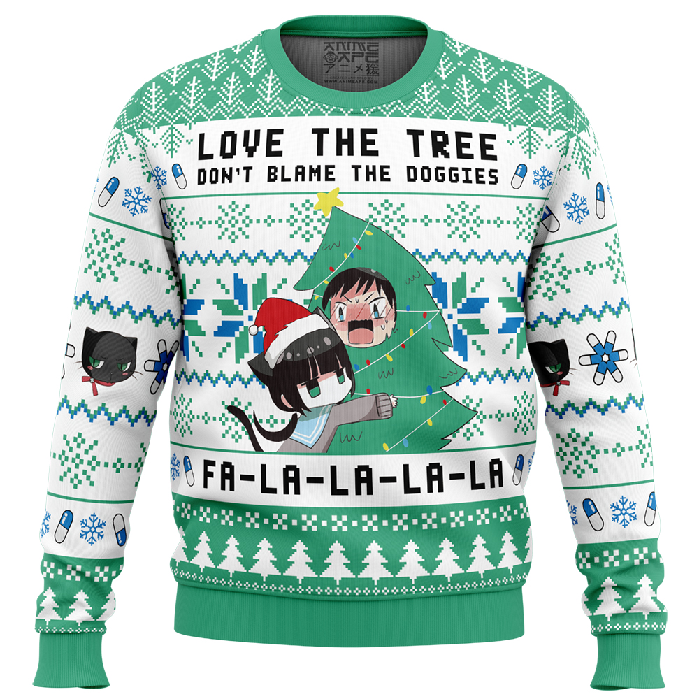 Love The Tree Dont Blame The Doggies ReLife Ugly Christmas Sweater FRONT mockup