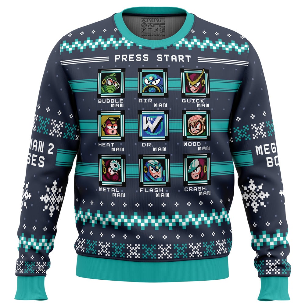 Mega Man 2 Bosses Ugly Christmas Sweater FRONT mockup 1