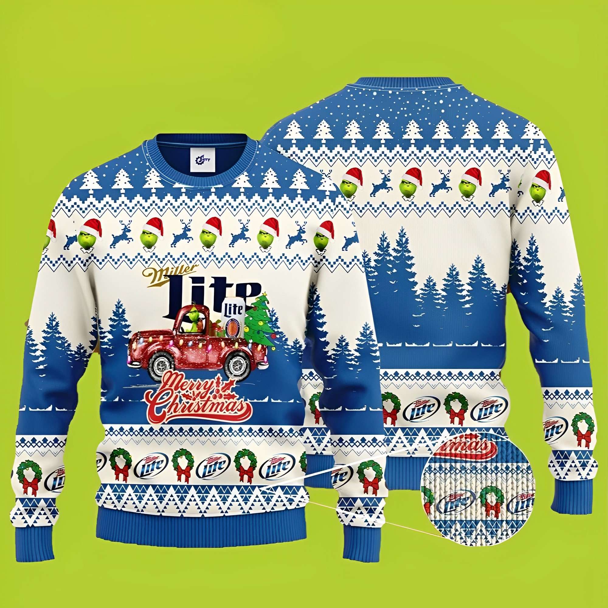 Merry Christmas Miller Lite Beer Grinch Red Truck Funny Xmas Sweaters Grinch Ugly Sweater 1