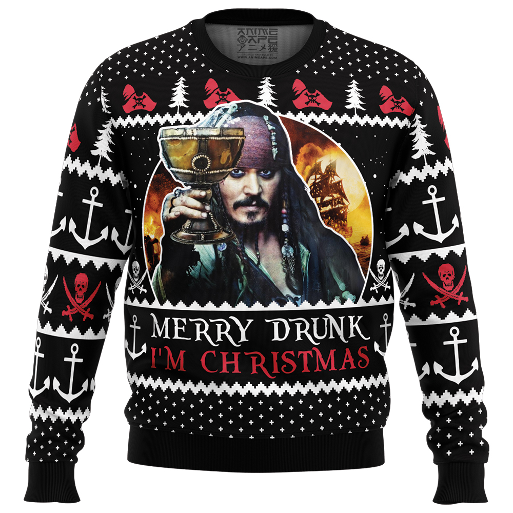 Merry Drunk Im Christmas Pirates of the Caribbean Ugly Christmas Sweater FRONT mockup