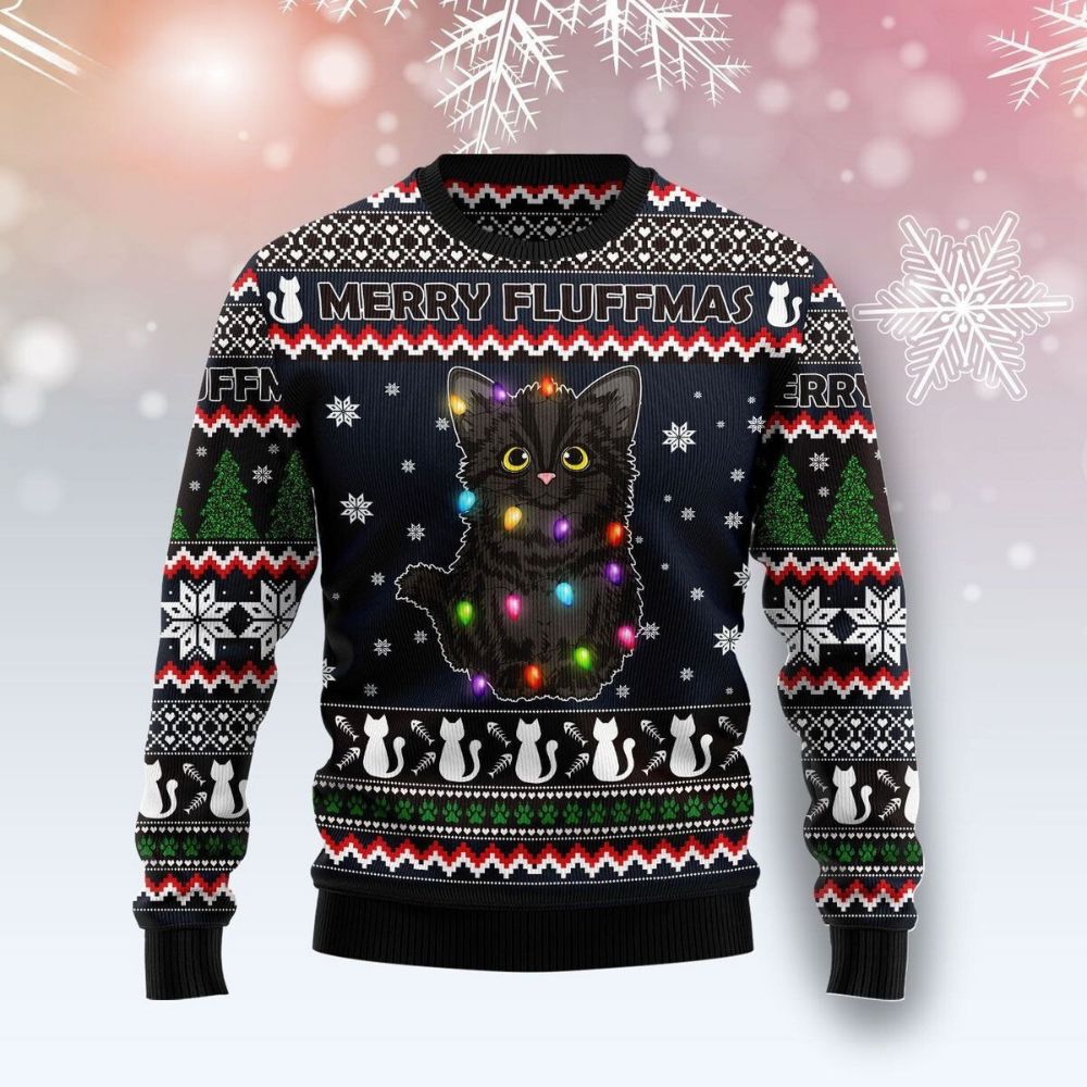 Merry Fluffmas Black Cat Ugly Christmas Sweater 1