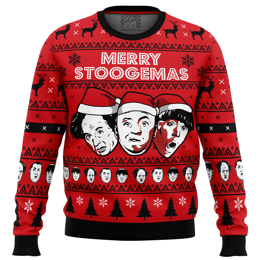 Merry Stoogemas 3 Stooges Ugly Christmas Sweater FRONT mockup