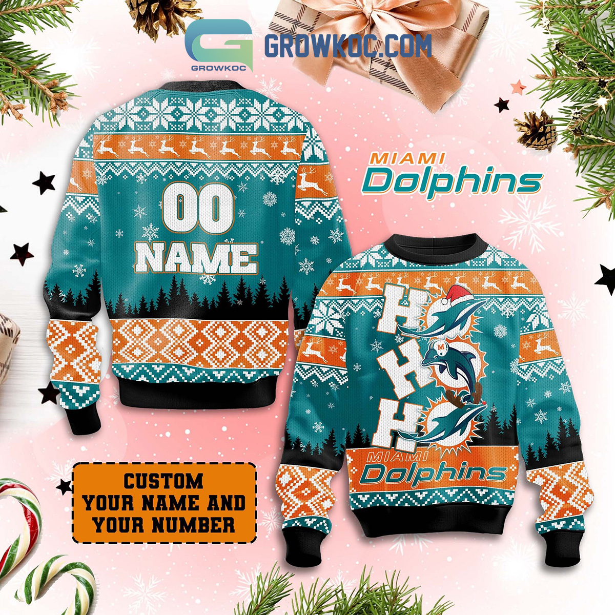 Miami Dolphins Ho Ho Ho Personalized Christmas Ugly Sweater2B1 mevhi