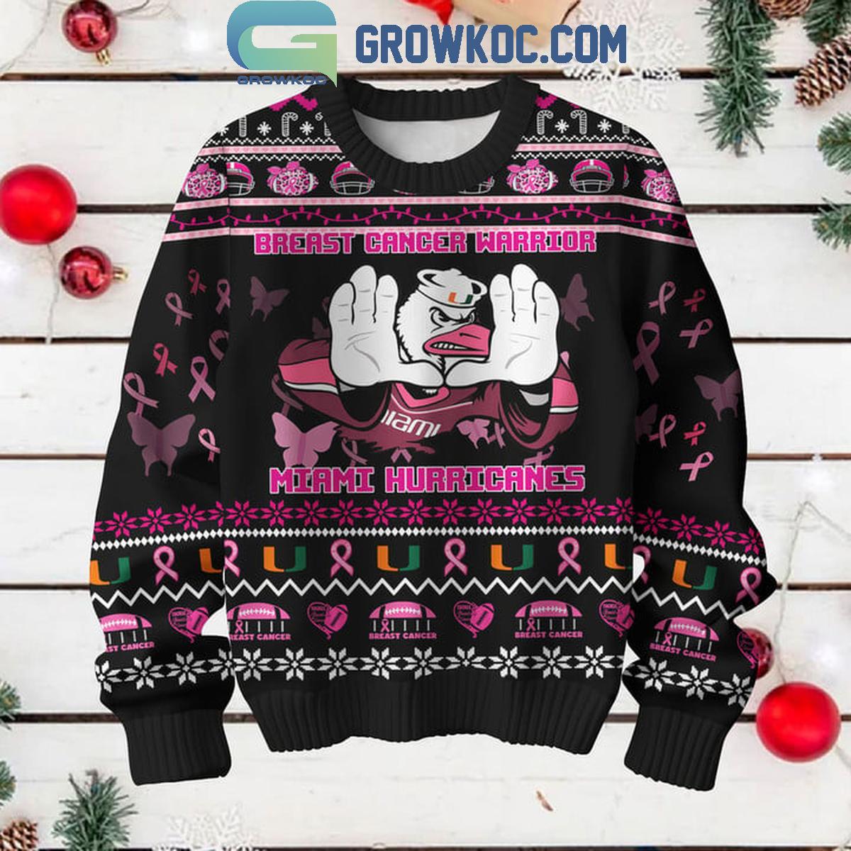 Miami Hurricanes Breast Cancer Warrior Tackle Cancer Christmas Black Ugly Sweater 1 RoGa4