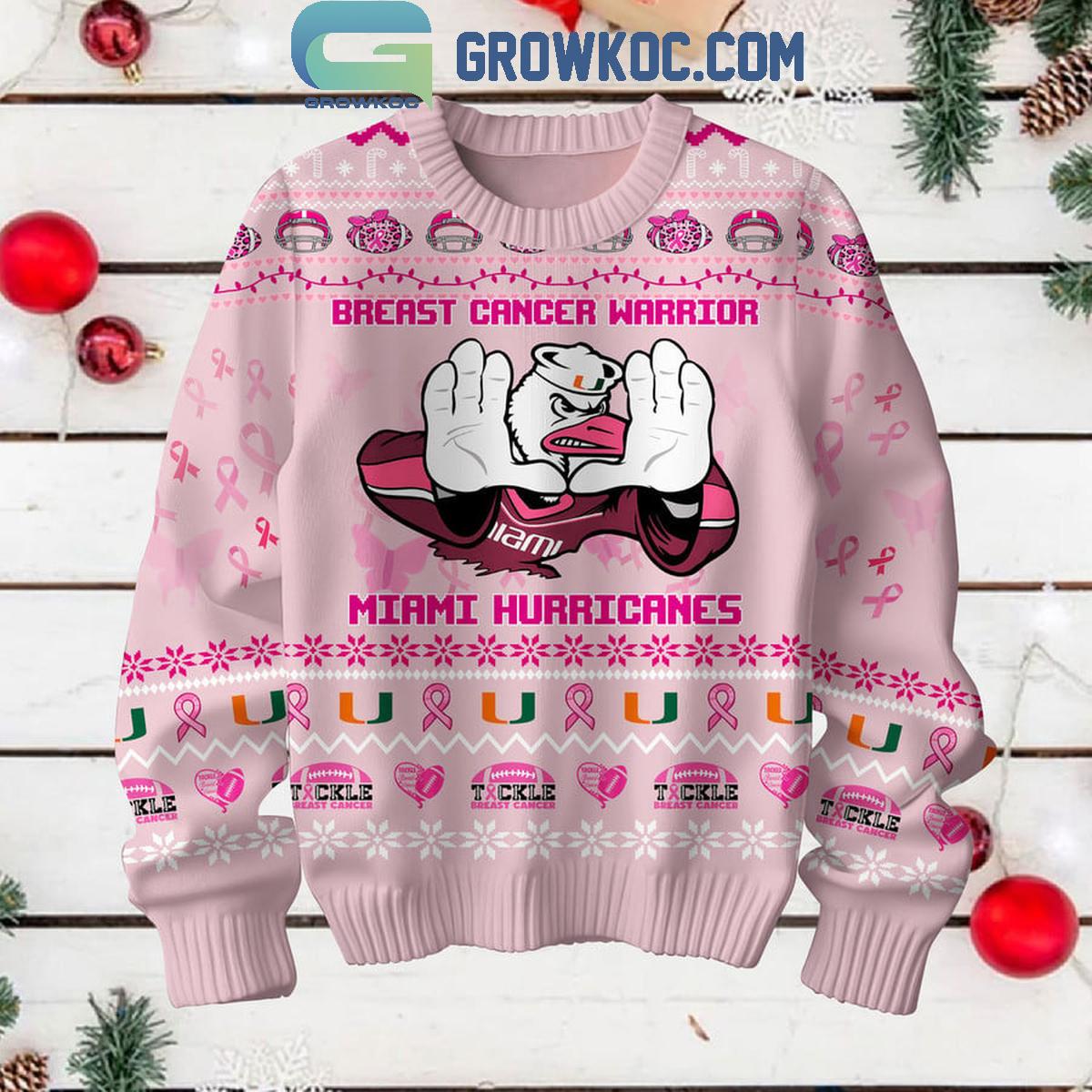 Miami Hurricanes Breast Cancer Warrior Tackle Cancer Christmas Ugly Sweater Light Pink 1 jouMn