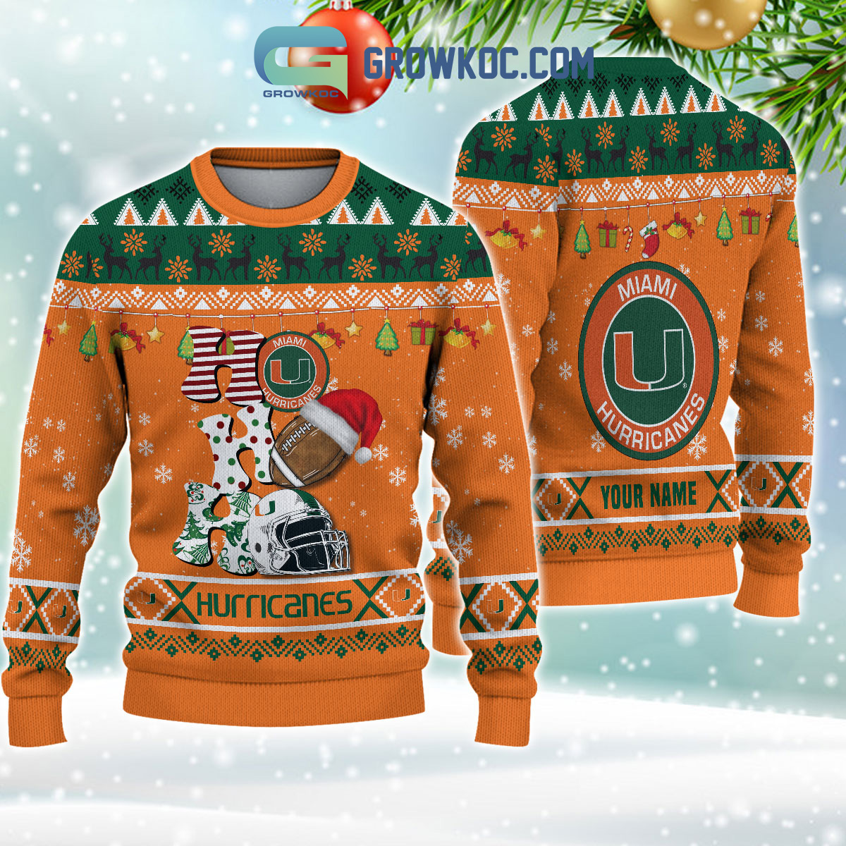 Miami Hurricanes NCAA Ho Ho Ho Snow Christmas Personalized Ugly Sweater2B1 DDH4j