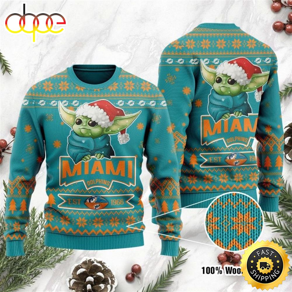 Miami Dolphins Cute Baby Yoda Grogu Holiday Party Ugly Christmas Sweater fjnaq3