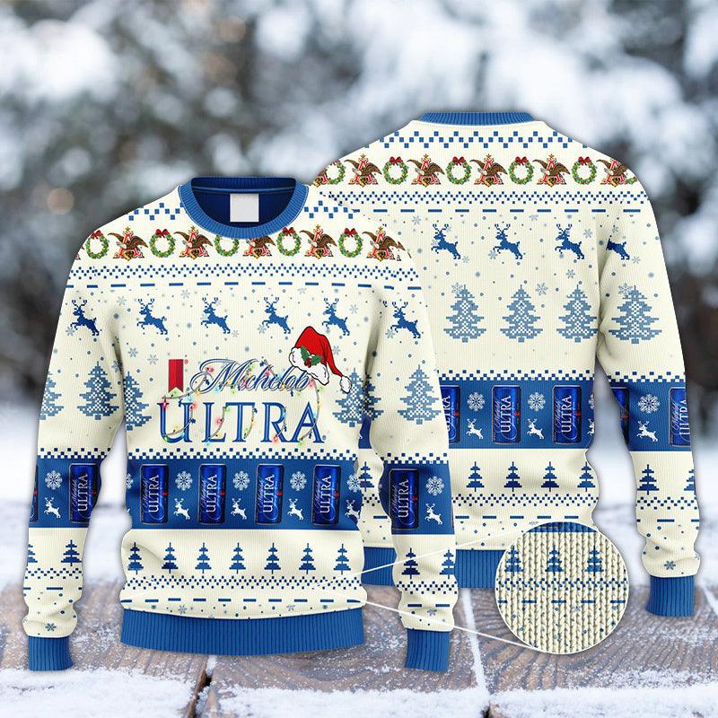 Michelob Ultra Santa Hat Christmas Knitted Ugly Christmas Sweater 1