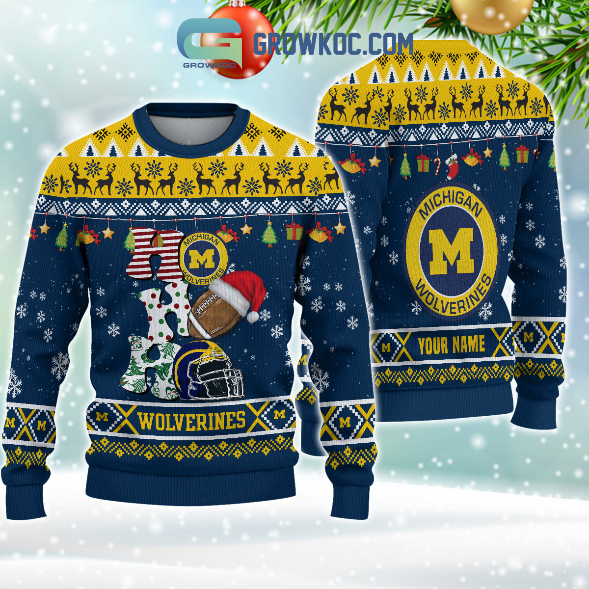 Michigan Wolverines NCAA Ho Ho Ho Snow Christmas Personalized Ugly Sweater2B1 OYvqi