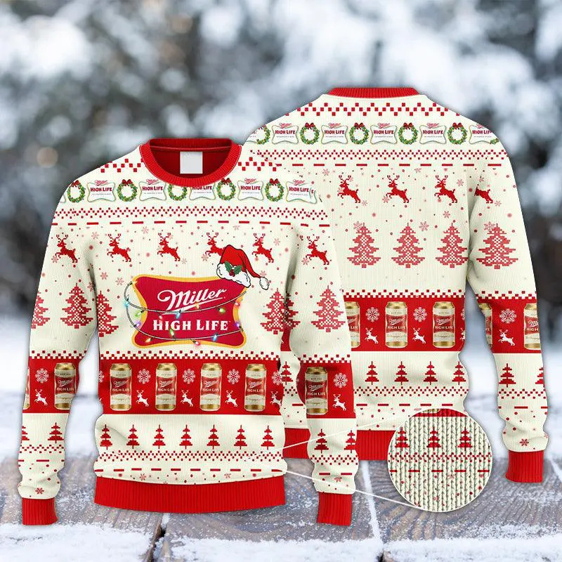 Miller High Life Santa Hat Christmas Knitted Ugly Christmas Sweater