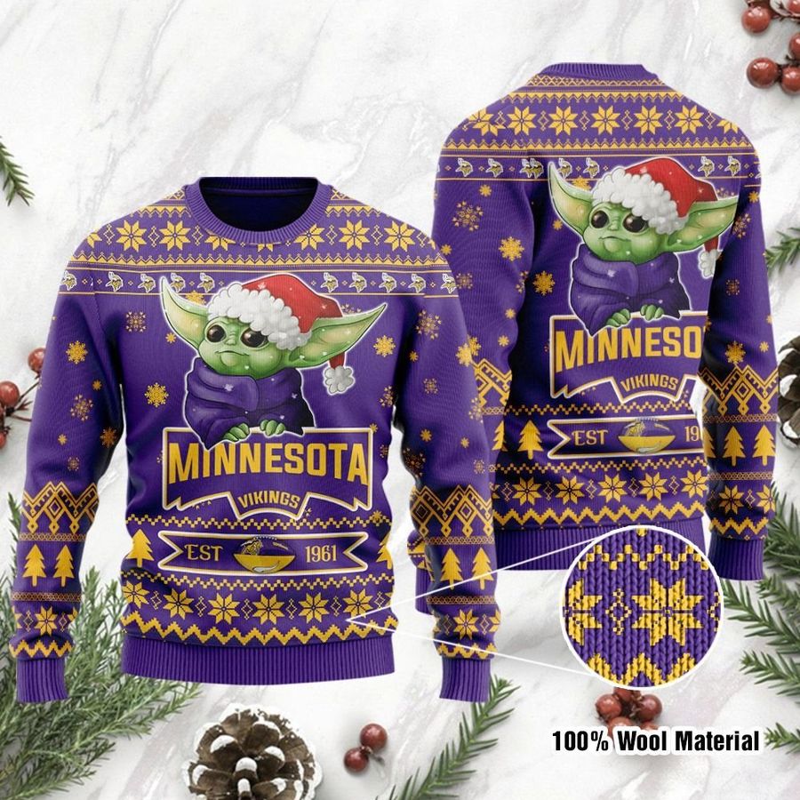 Minnesota Vikings Cute Baby Yoda Grogu Holiday Party Ugly Christmas Sweater 1