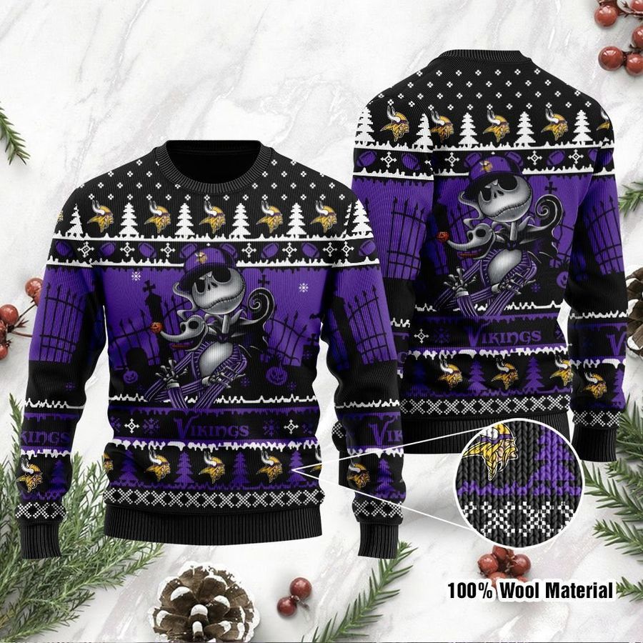 Minnesota Vikings Jack Skellington Halloween Ugly Christmas Sweater 1