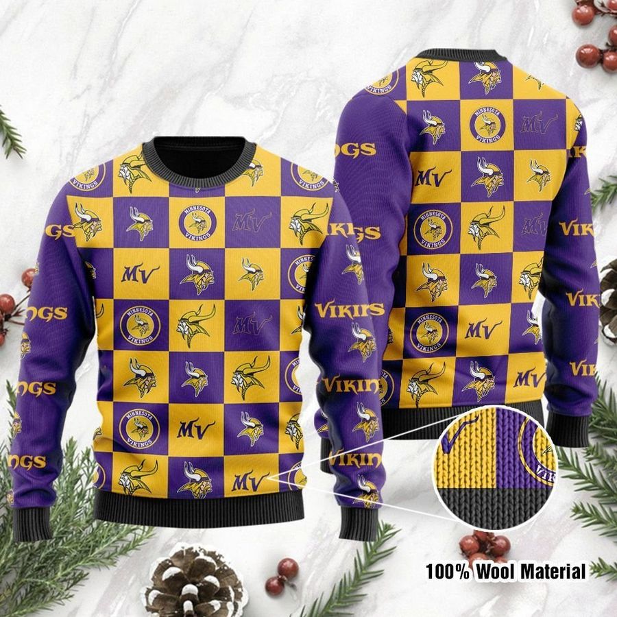 Minnesota Vikings Logo Checkered Flannel Square Design Ugly Sweater 1