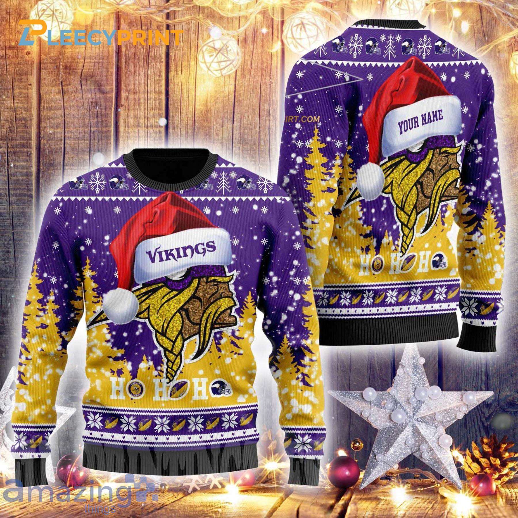 Minnesota Vikings Symbol Wearing Santa Claus Hat Ho Ho Ho Ugly Christmas Sweater 1