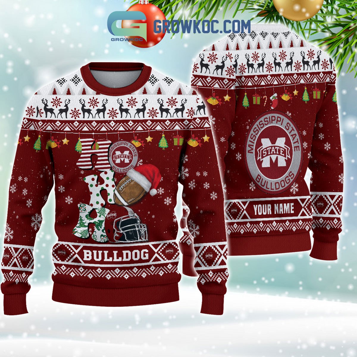 Mississippi State Bulldogs NCAA Ho Ho Ho Snow Christmas Personalized Ugly Sweater2B1 3G56v