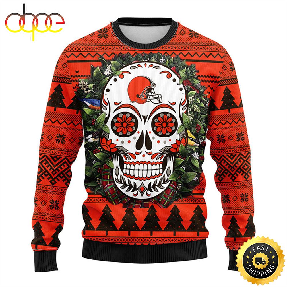 NFL Cleveland Browns Skull Flower Ugly Christmas Ugly Sweater qpe5eb