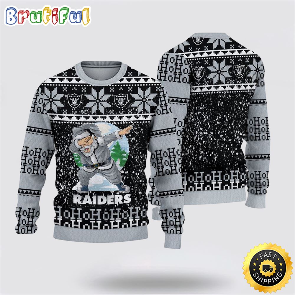 NFL Las Vegas Raiders Ugly Sweater Printed Christmas Santa Claus Ho Ho Ho Show Team Spirit 1 me3xtm