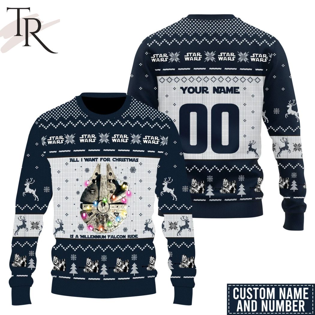 all i want for christmas is a mellennium falcon ride star wars personalized sweater 1 1yL8R