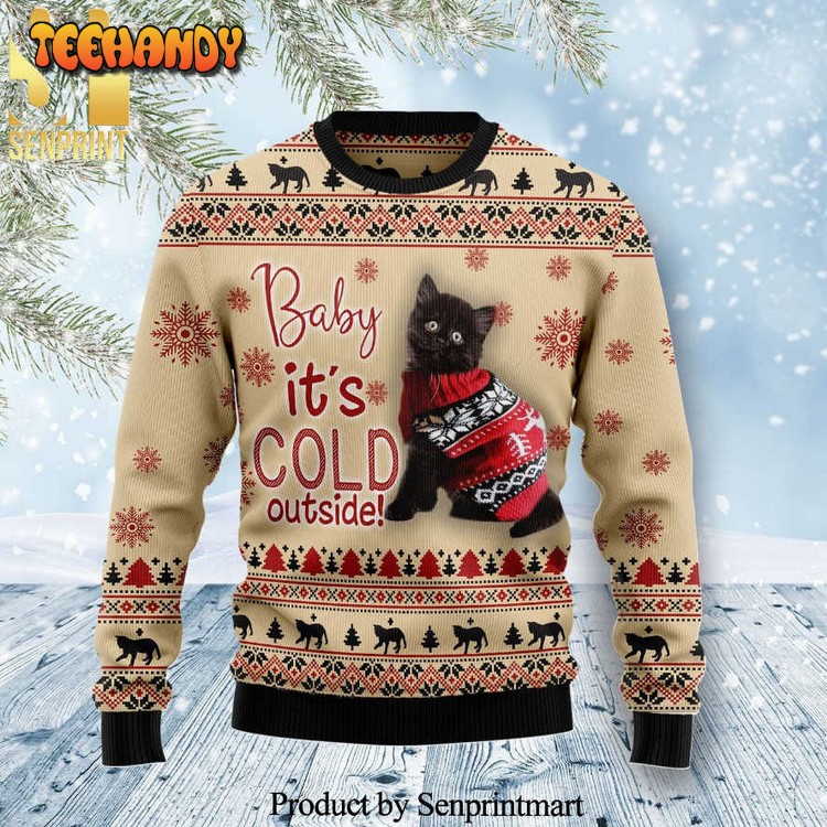 baby its cold outside black cat knitted ugly sweater 5fx9y