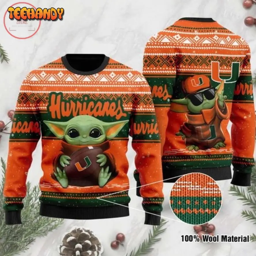 baby yoda miami hurricanes christmas for fans ugly christmas sweater 8d977
